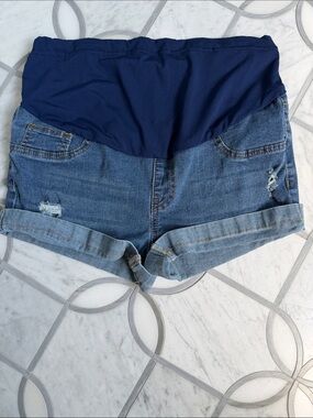 SHEIN Blue Maternity Denim Shorts with Navy Knit Panel